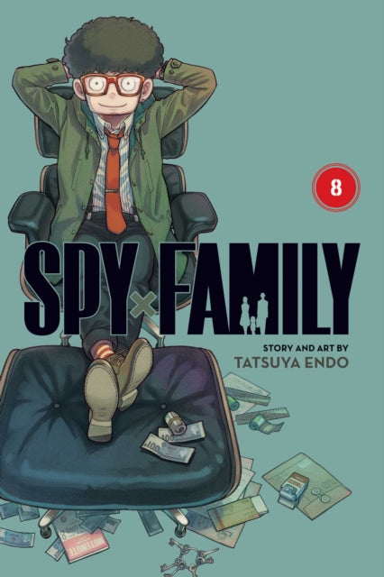 Spy x Family, Vol. 8 manga cover featuring a man in a chair with money scattered around.