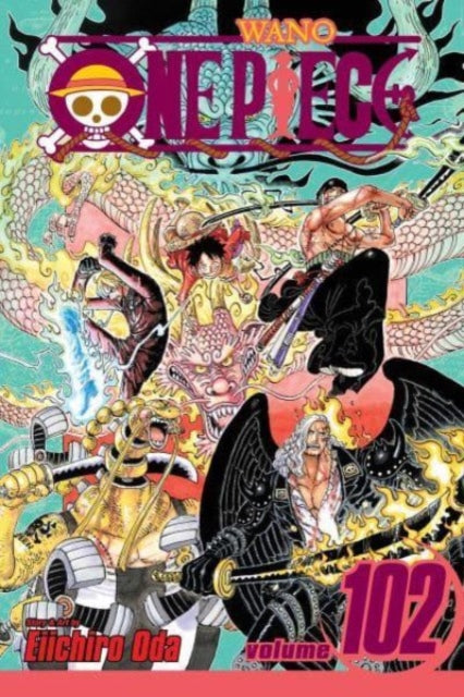 One Piece, Vol. 102 manga cover featuring characters and dragons.