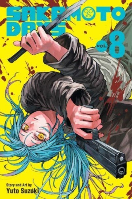 Sakamoto Days, Vol. 8 manga cover featuring a character holding a knife and a gun.