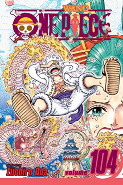 One Piece, Vol. 104 manga cover featuring Monkey D. Luffy and a dragon.