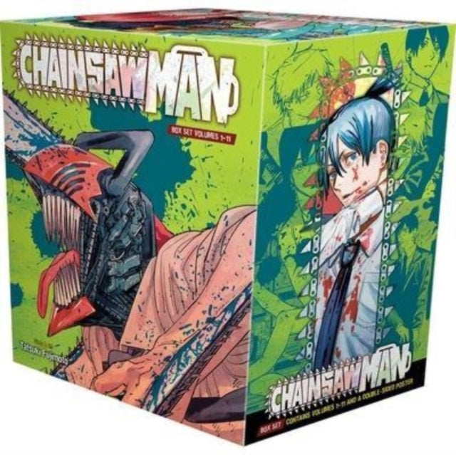 Chainsaw Man box set featuring manga volumes and a poster.