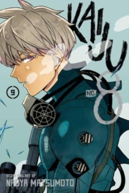 Kaiju No. 8, Vol. 9 manga cover featuring a young man in a suit with a gas mask.