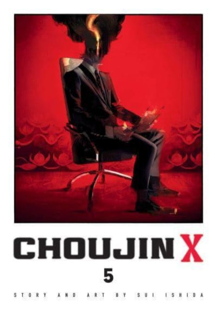 Choujin X, Vol. 5 manga cover featuring a man in a suit with fire on his head.