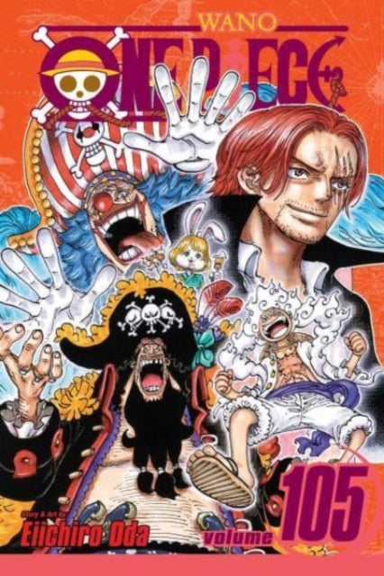 One Piece, Vol. 105 manga cover featuring Shanks, Buggy, Blackbeard, and Luffy.