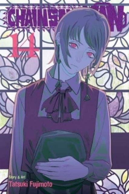 Chainsaw Man, Vol. 14 manga cover featuring a character with red eyes and a purple outfit.