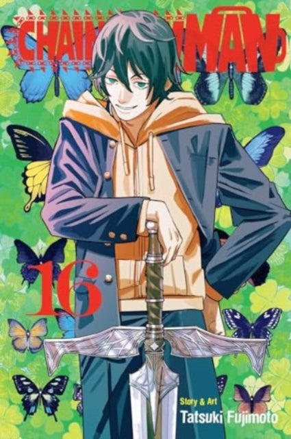 Chainsaw Man Vol. 16 manga cover features a young man with a sword and butterflies.