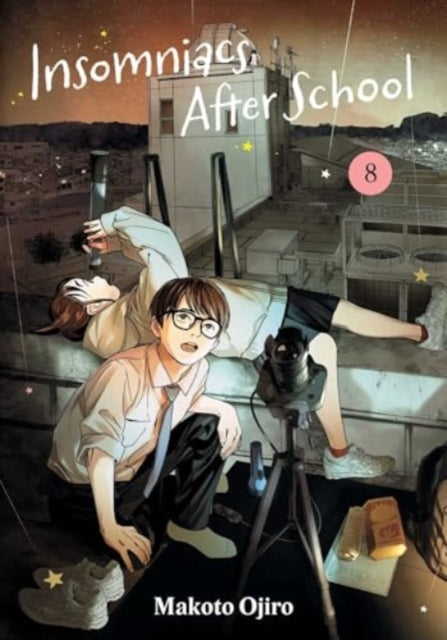 Insomniacs After School, Vol. 8 manga cover featuring two teens on a rooftop observatory.