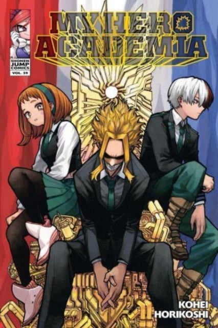 My Hero Academia, Vol. 39 cover art featuring three characters on a throne.