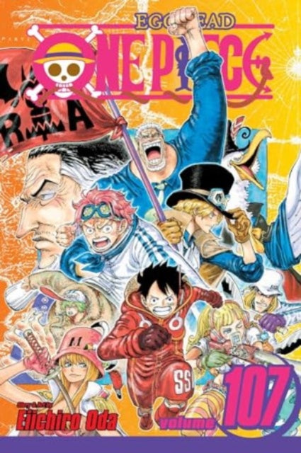 One Piece, Vol. 107 manga cover featuring various characters.