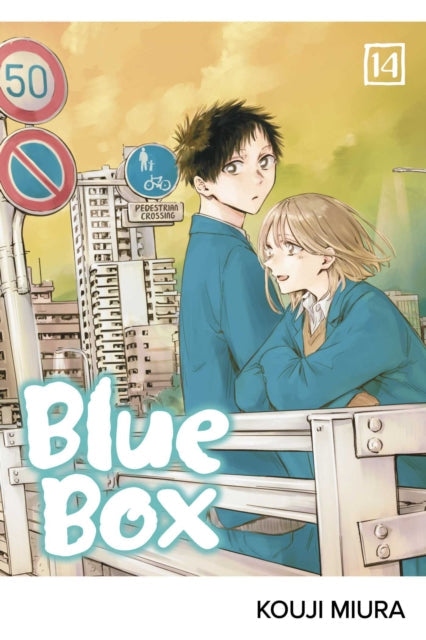 Blue Box, Vol. 14 manga cover featuring two characters and city background.