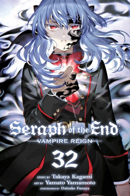 Seraph of the End, Vol. 32 manga cover featuring a character with blue hair and red eyes.