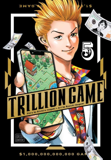 Trillion Game, Vol. 5 manga cover featuring a man holding a phone with a game on it.