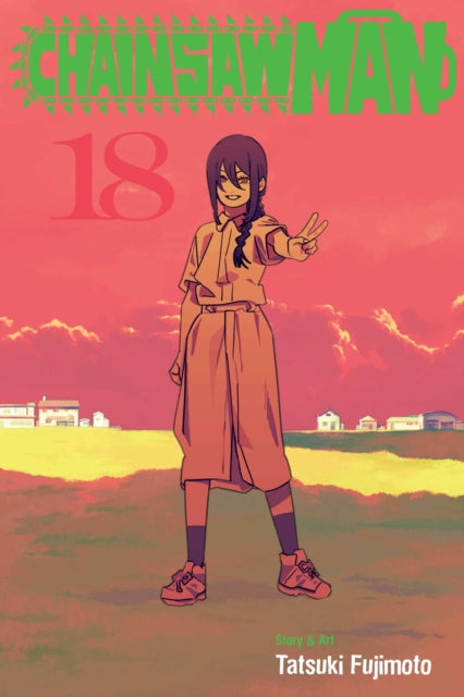 Chainsaw Man Vol. 18 manga cover featuring a character with a braid and a pink sky.