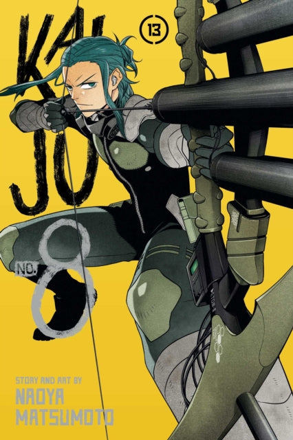 Kaiju No. 8, Vol. 13 manga cover featuring a character with teal hair aiming a bow.