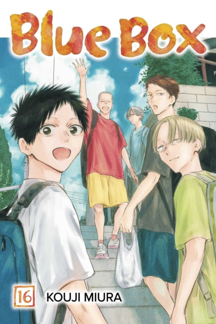 Blue Box, Vol. 16 manga cover featuring five young men on stairs.