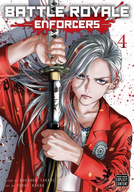 Battle Royale: Enforcers, Vol. 4 manga cover featuring a woman with white hair holding a sword.