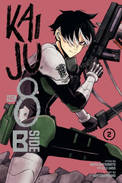 Kaiju No. 8: B-Side, Vol. 2 manga cover featuring a character with black and white hair holding a gun.