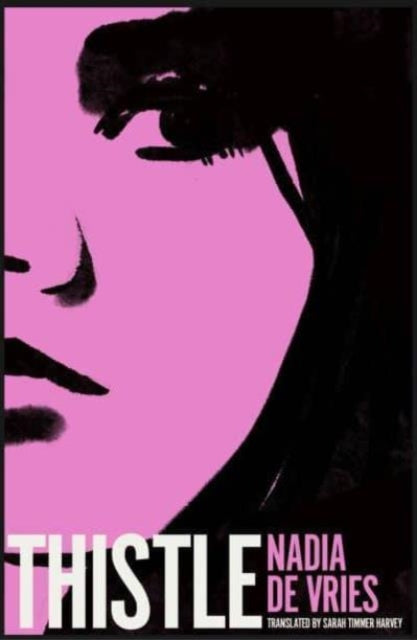 Thistle book cover with a pink background and black silhouette of a face.