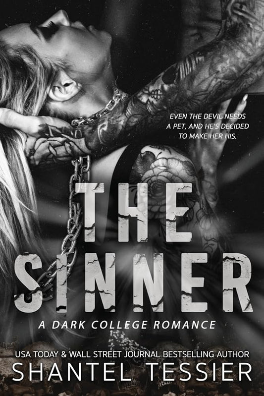 The Sinner book cover with a dark, tattooed couple and chains.