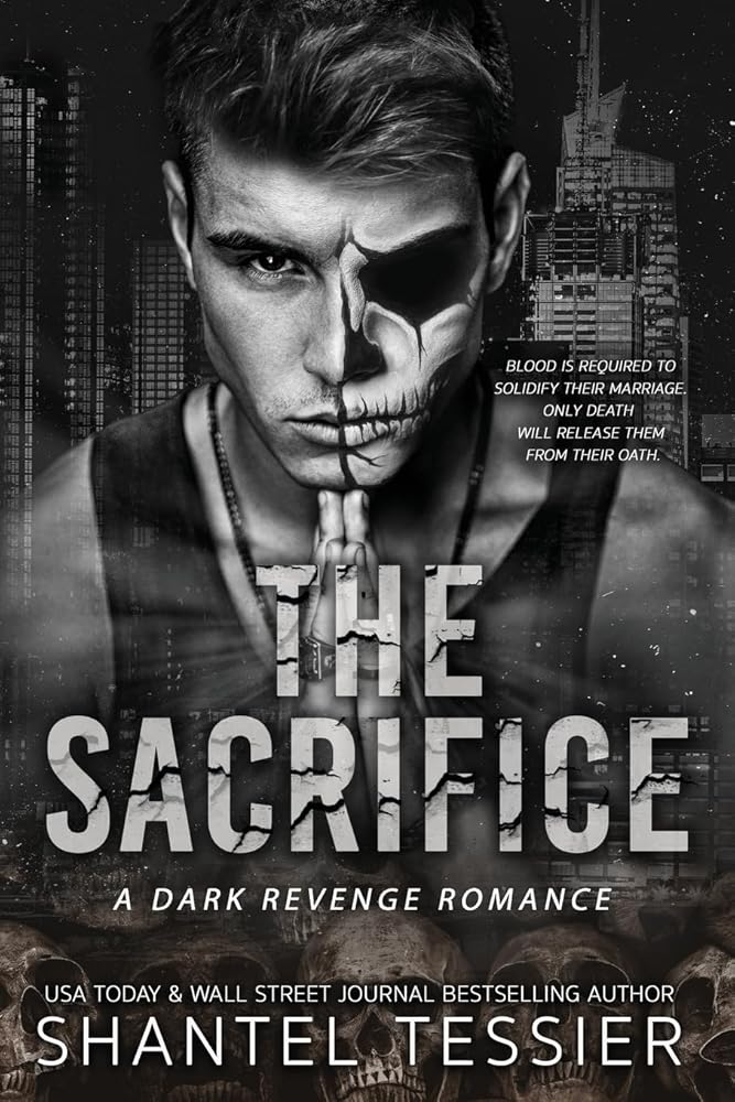 Book cover for "The Sacrifice" featuring a man with skull makeup and city background.