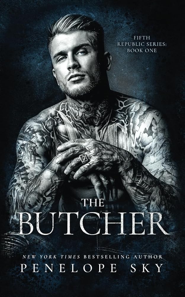 Book cover for "The Butcher" by Penelope Sky, featuring a tattooed man.