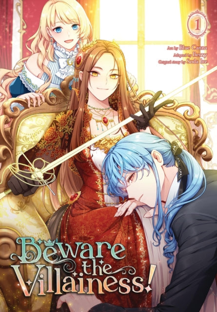Beware the Villainess!, Vol. 1 cover art featuring three characters and a sword.