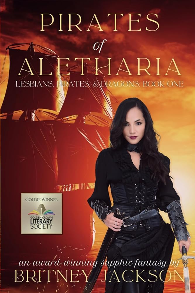 Book cover for Pirates of Aletharia featuring a woman in pirate attire and a ship.