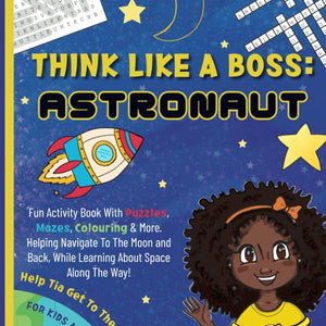 Astronaut activity book cover with a girl and a rocket.