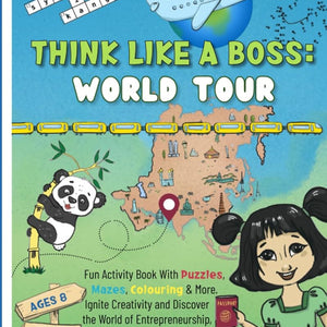 Activity book cover with a girl, panda, and world map.