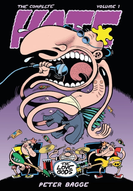 A comic book cover features a large, distorted man singing into a microphone, with a band playing below.