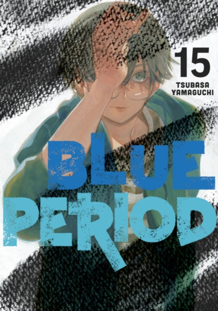 Blue Period 15 manga cover featuring a young man with glasses covering his eye.