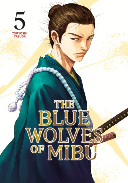 The Blue Wolves of Mibu 5 manga cover features a man in a blue robe with a sword.