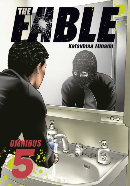 The Fable Omnibus 5 manga cover shows a man in a black suit looking in a mirror at his reflection wearing a ski mask.
