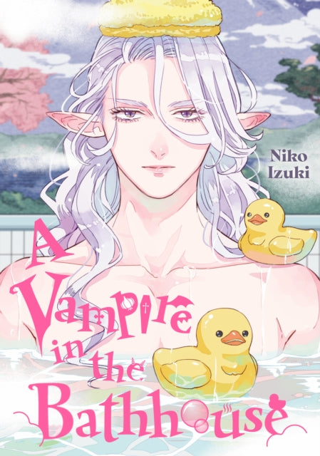 A manga cover featuring a pale-skinned vampire with long white hair in a bathhouse with rubber ducks.