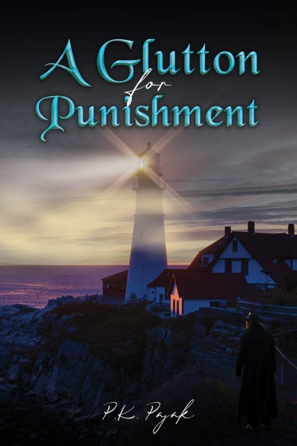 A Glutton for Punishment book cover with a lighthouse and a person in a cloak.