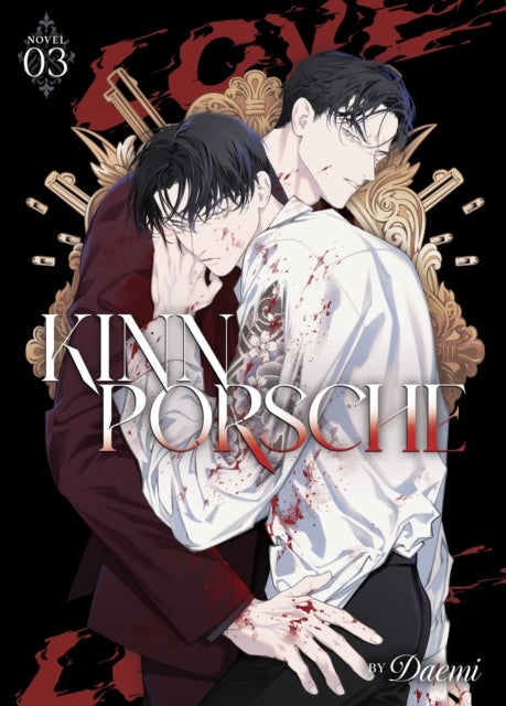 KinnPorsche Novel Vol. 3 cover art features two men embracing, with blood splatters.