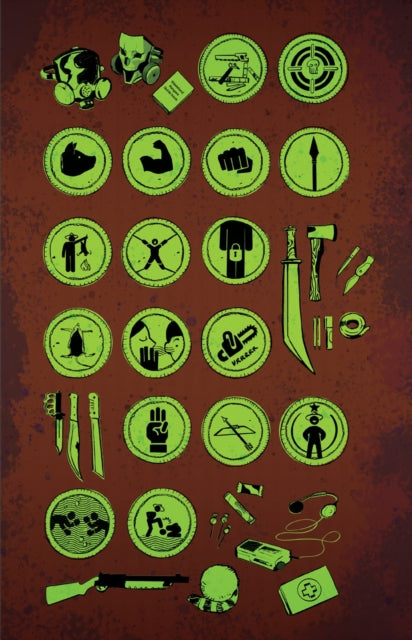 A collection of green circular icons depicting various survival and combat-related symbols on a textured brown background.