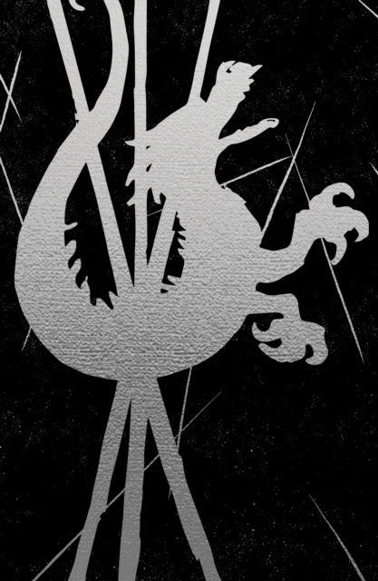 A silver dragon silhouette on a black background with abstract lines.