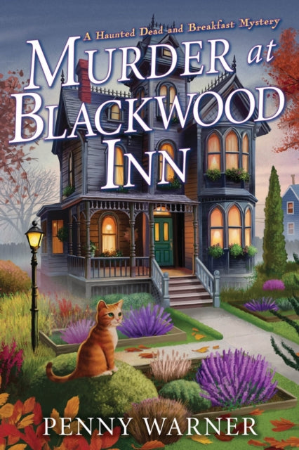 A book cover features a Victorian inn with glowing windows, an orange cat, and autumn foliage.