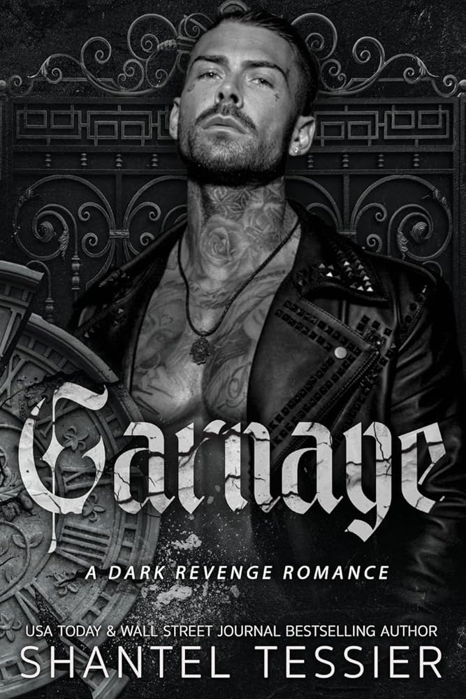 Book cover for "Carnage" featuring a tattooed man in a leather jacket.
