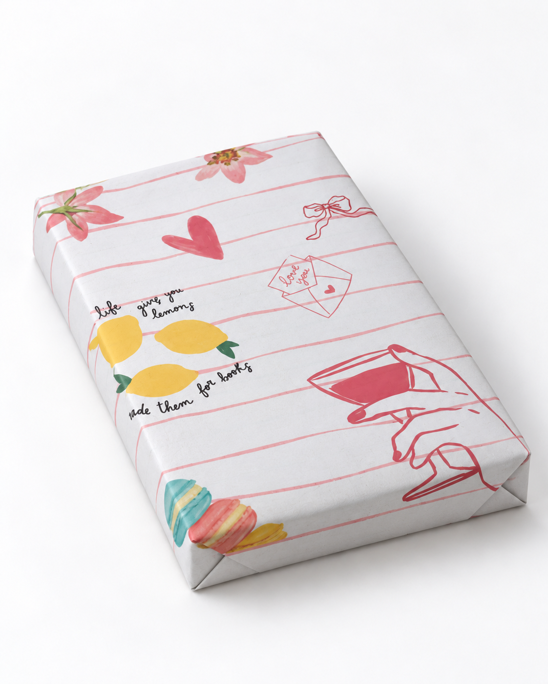 Romance mystery book wrapped in pink illustrated love letter paper