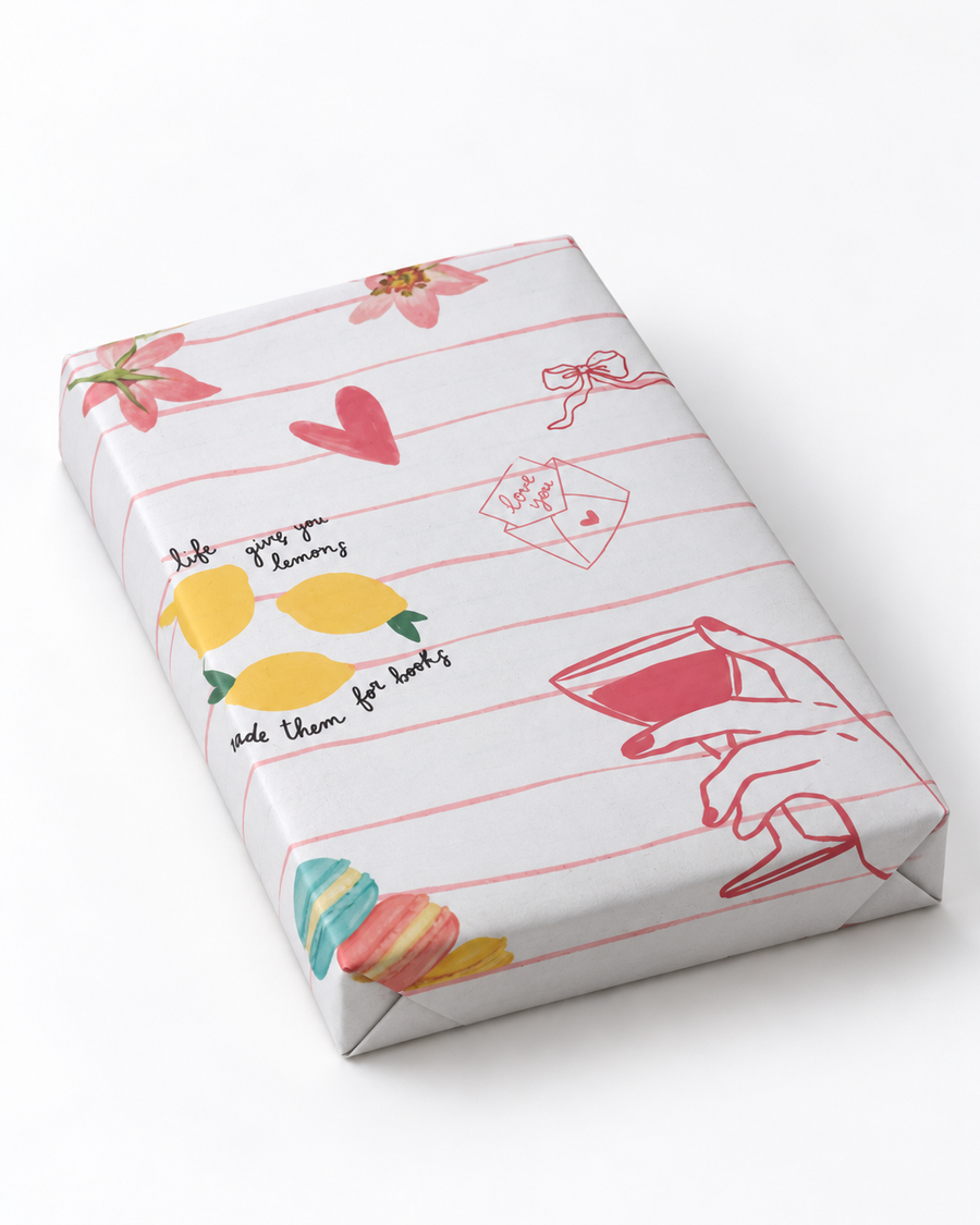 Romance mystery book wrapped in pink illustrated love letter paper
