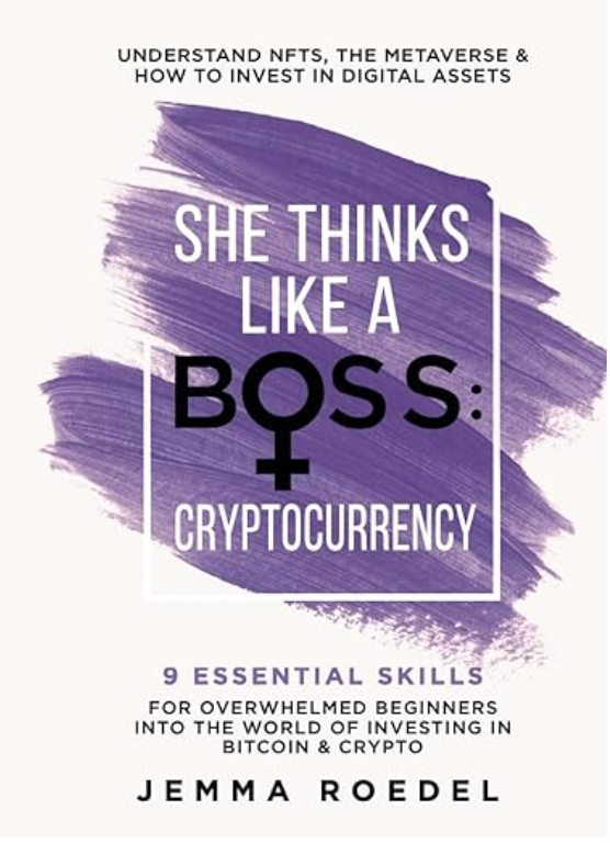 Book cover for "She Thinks Like a Boss: Cryptocurrency" with purple brush strokes.