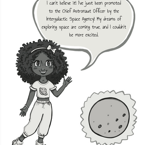 Illustration of a girl in astronaut attire speaking about her promotion.