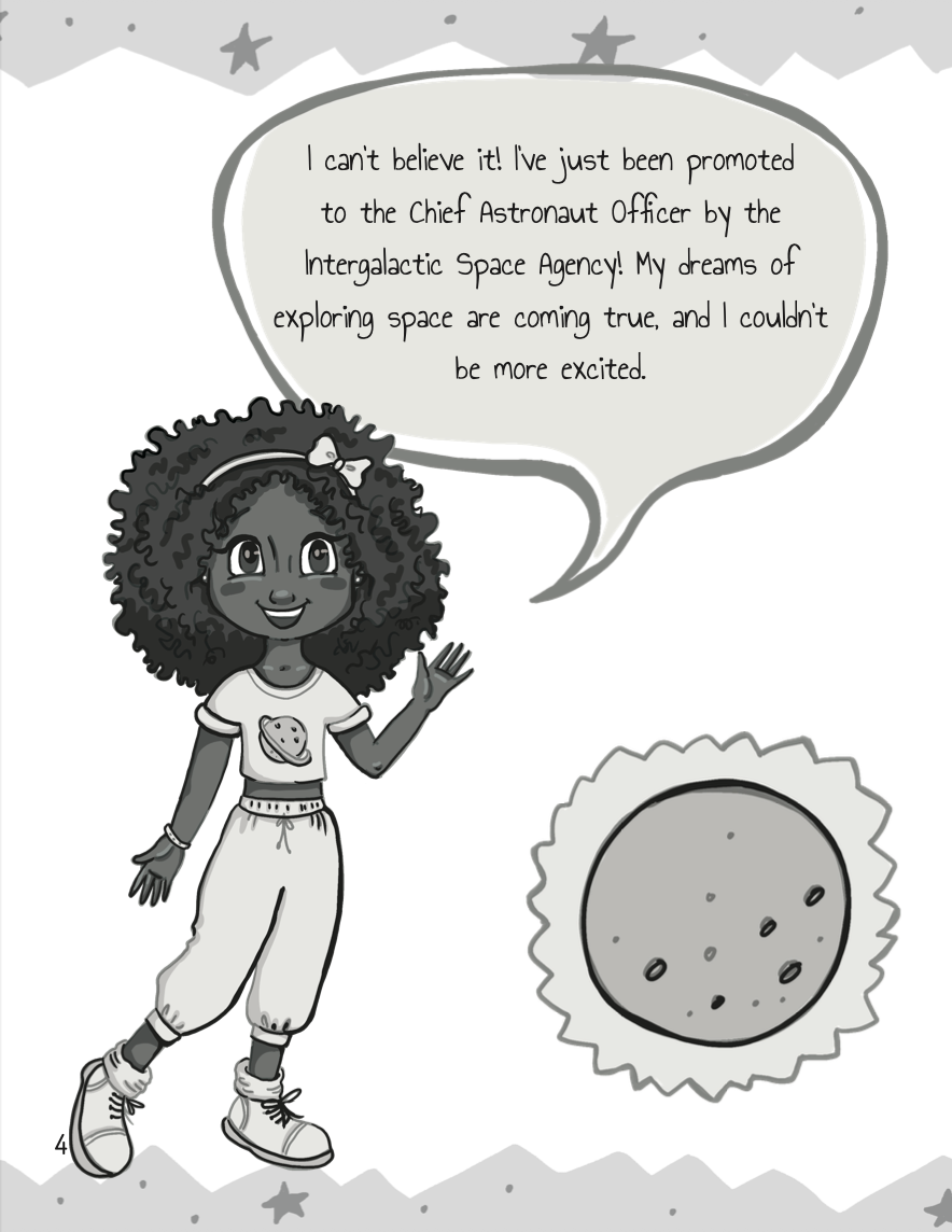 Illustration of a girl in astronaut attire speaking about her promotion.