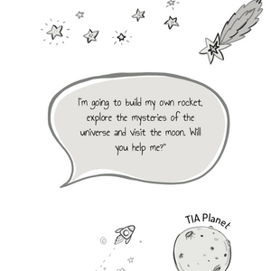 A children's book page with stars, a comet, a speech bubble, a rocket, and a planet.