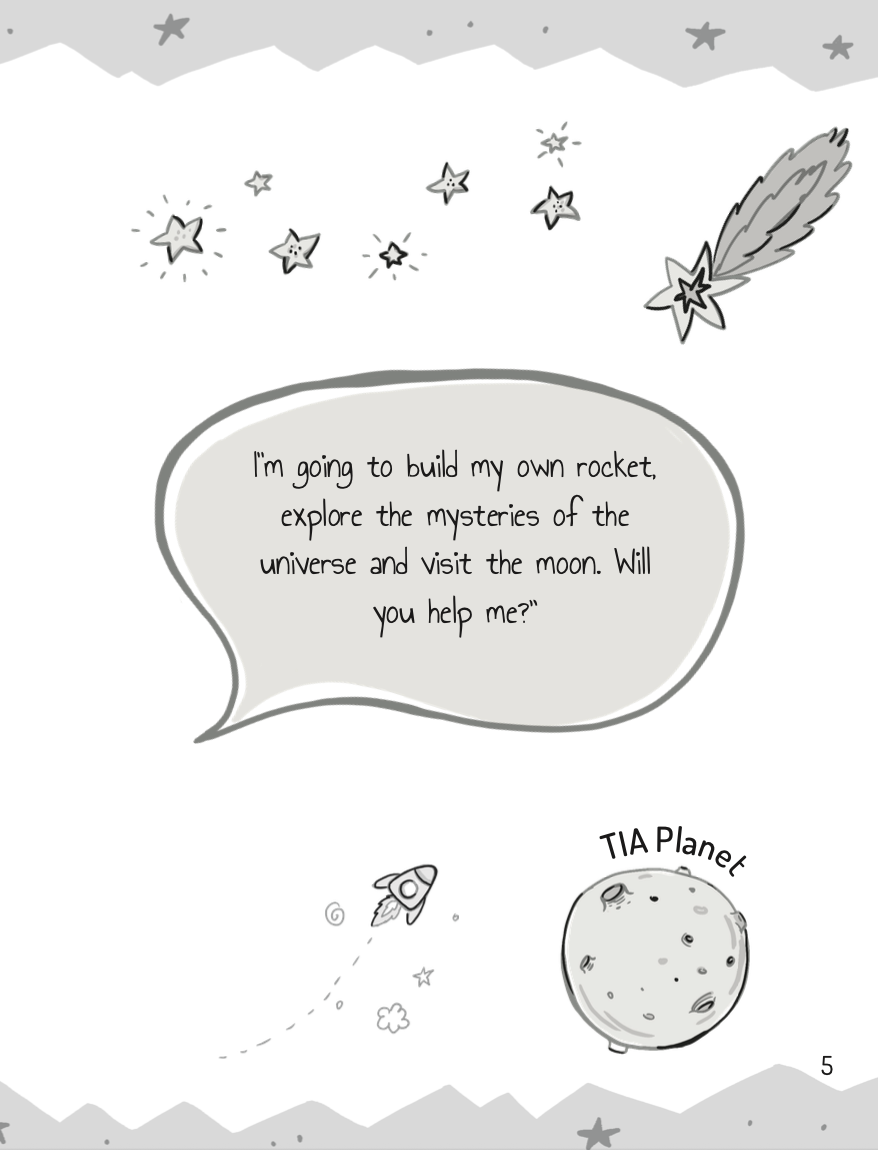 A children's book page with stars, a comet, a speech bubble, a rocket, and a planet.