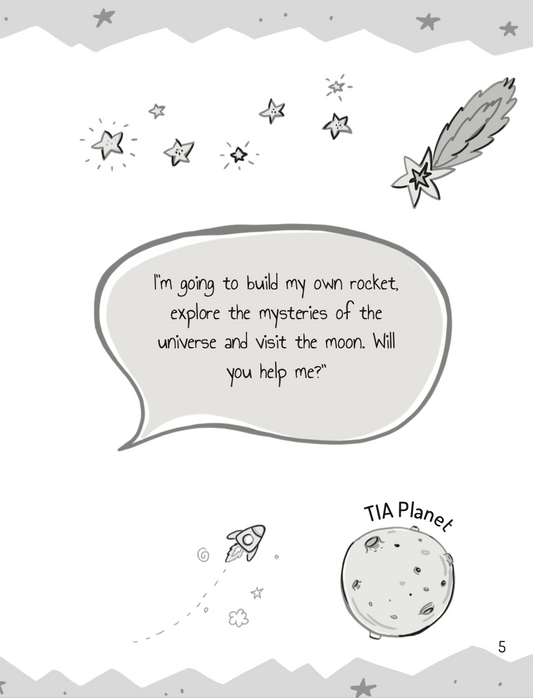 A children's book page with stars, a comet, a speech bubble, a rocket, and a planet.