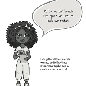 Illustration of a girl with curly hair speaking about building a rocket.