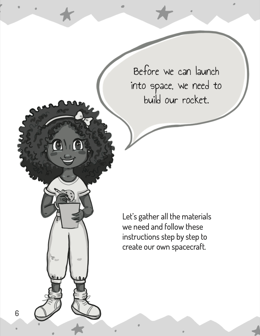 Illustration of a girl with curly hair speaking about building a rocket.